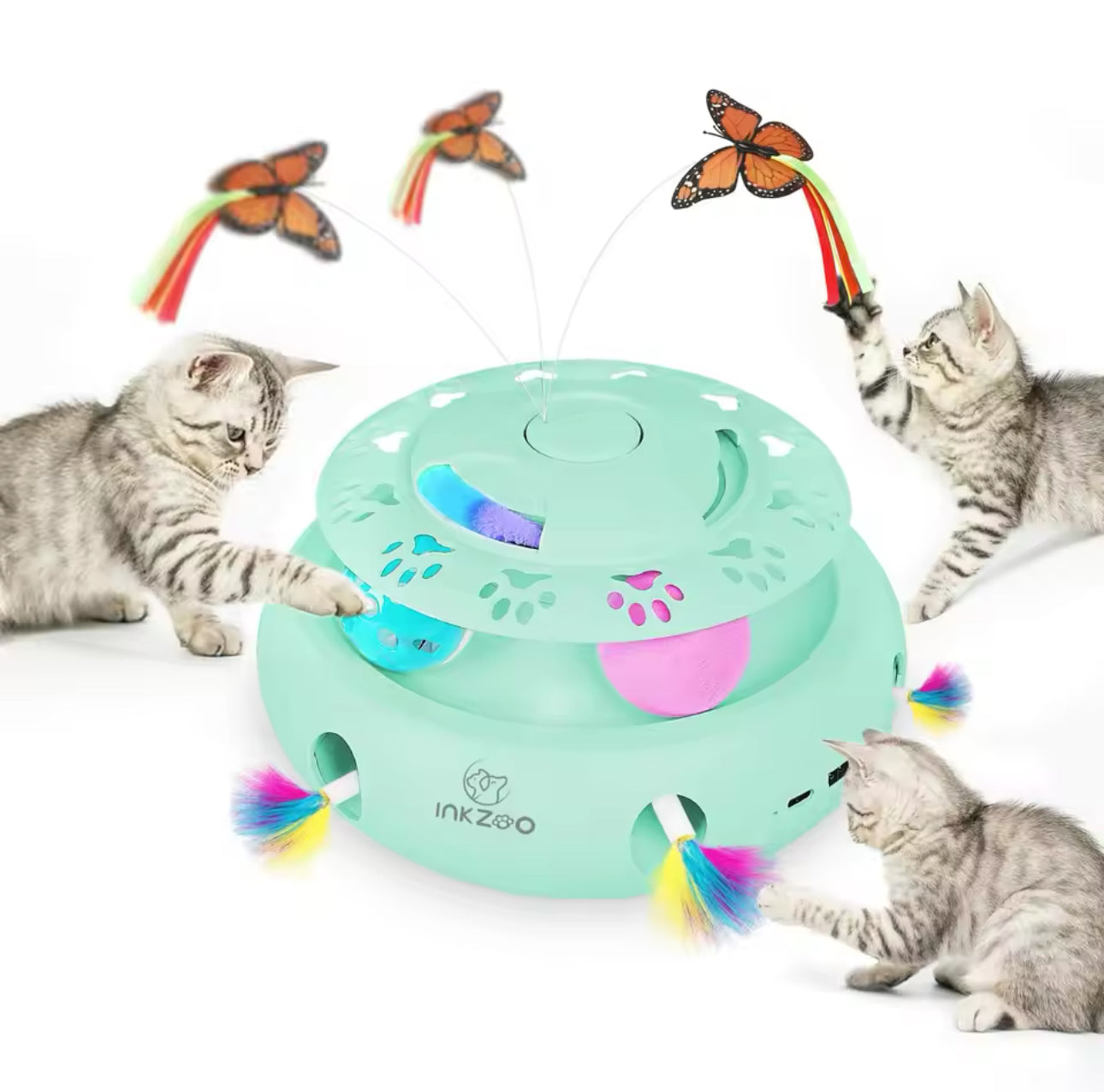 4-1 Rechargable Smart Cat Tower - Butterfly Teaser Wand Feather, Ball Game, Chase