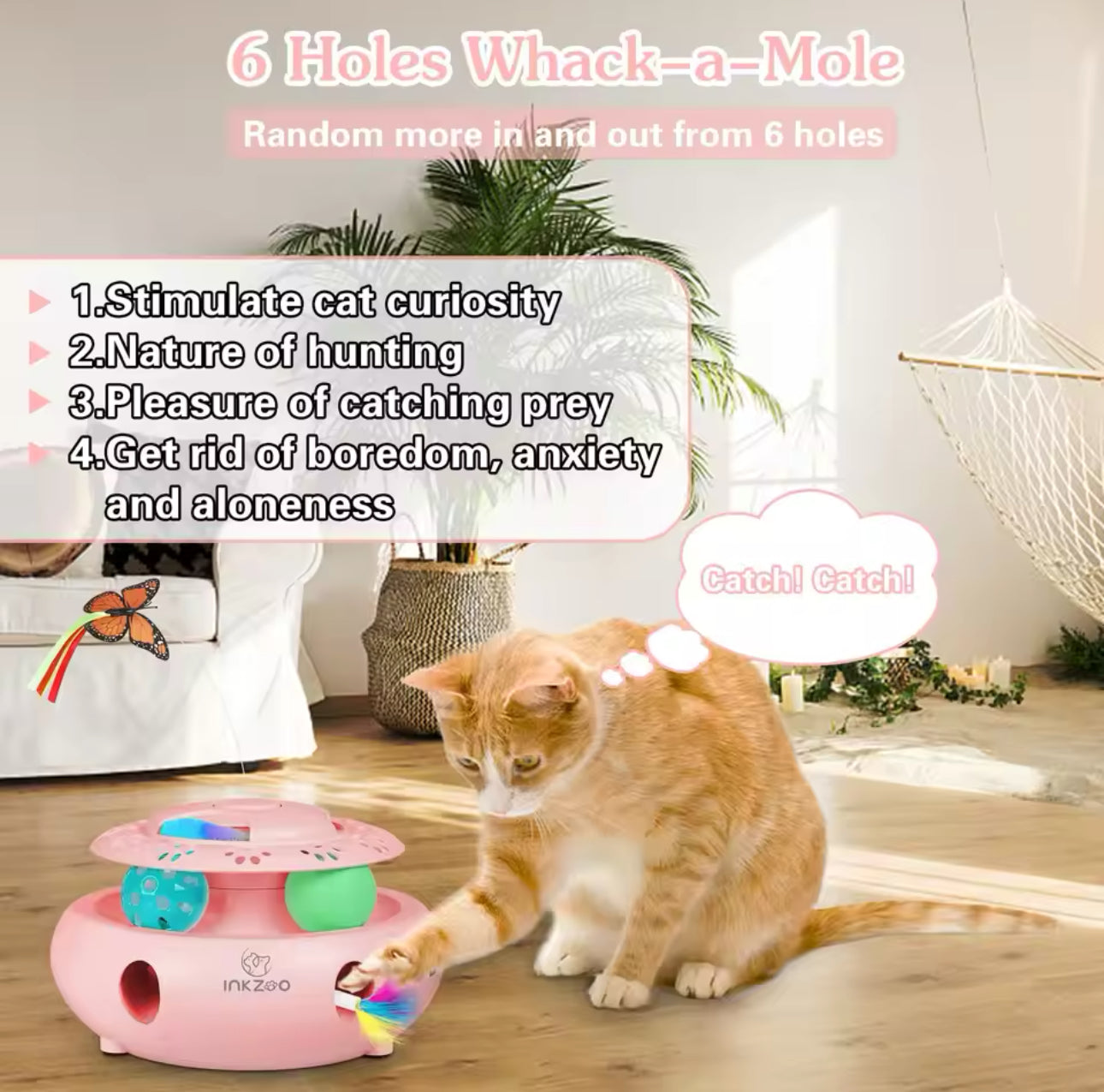 4-1 Rechargable Smart Cat Tower - Butterfly Teaser Wand Feather, Ball Game, Chase