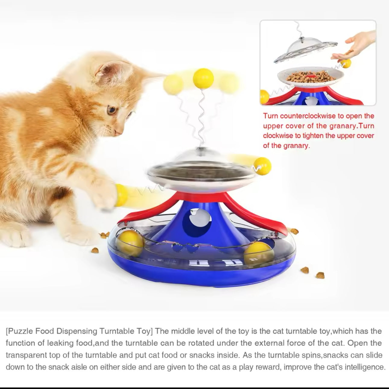 Spinning Cat Puzzle Toy - Treat Dispenser with Balls and Teaser