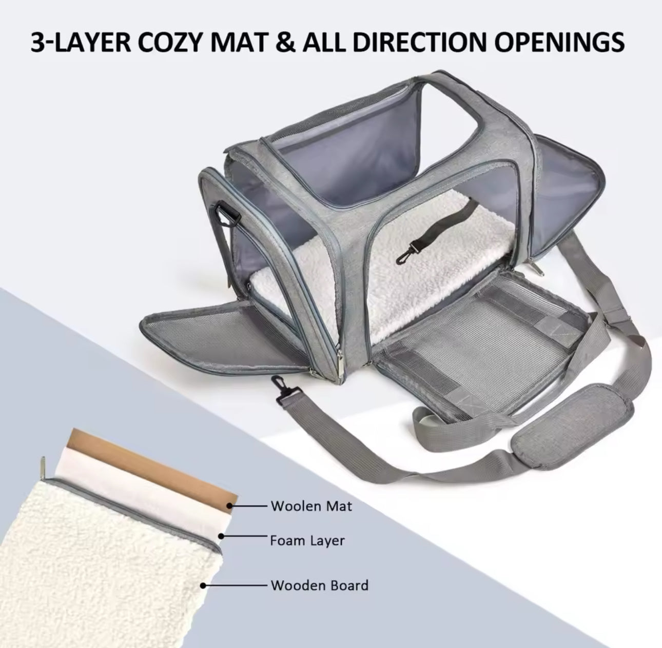 Cat Carrier - 3 Layer Cozy Mat & All Directions Openings (Medium)