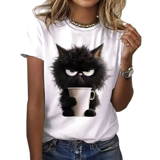 T-Shirt Black Cat With Coffee Mug