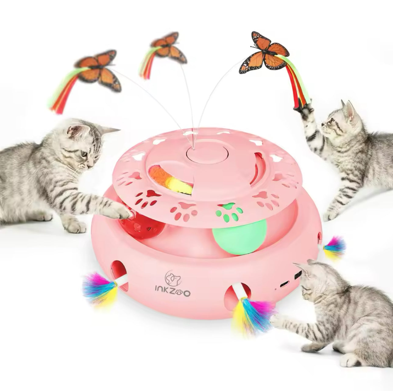 4-1 Rechargable Smart Cat Tower - Butterfly Teaser Wand Feather, Ball Game, Chase