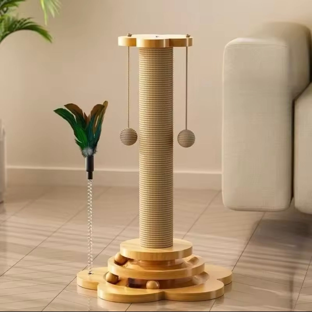 Cat Scratching Pillar Post Tower - With Ball and Feather