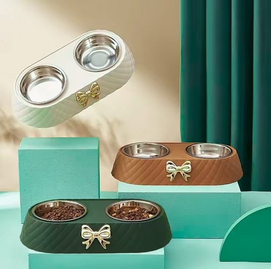 Cat Bowl Stainless Steel - Double Bowl with Bow Design