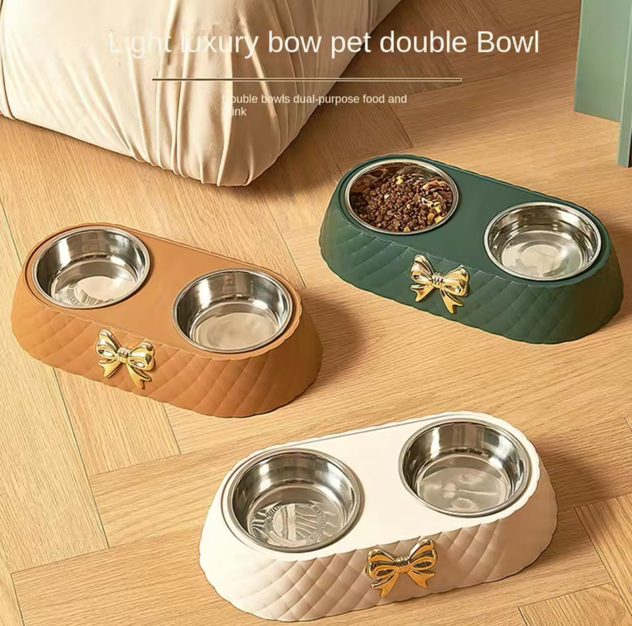 Cat Bowl Stainless Steel - Double Bowl with Bow Design