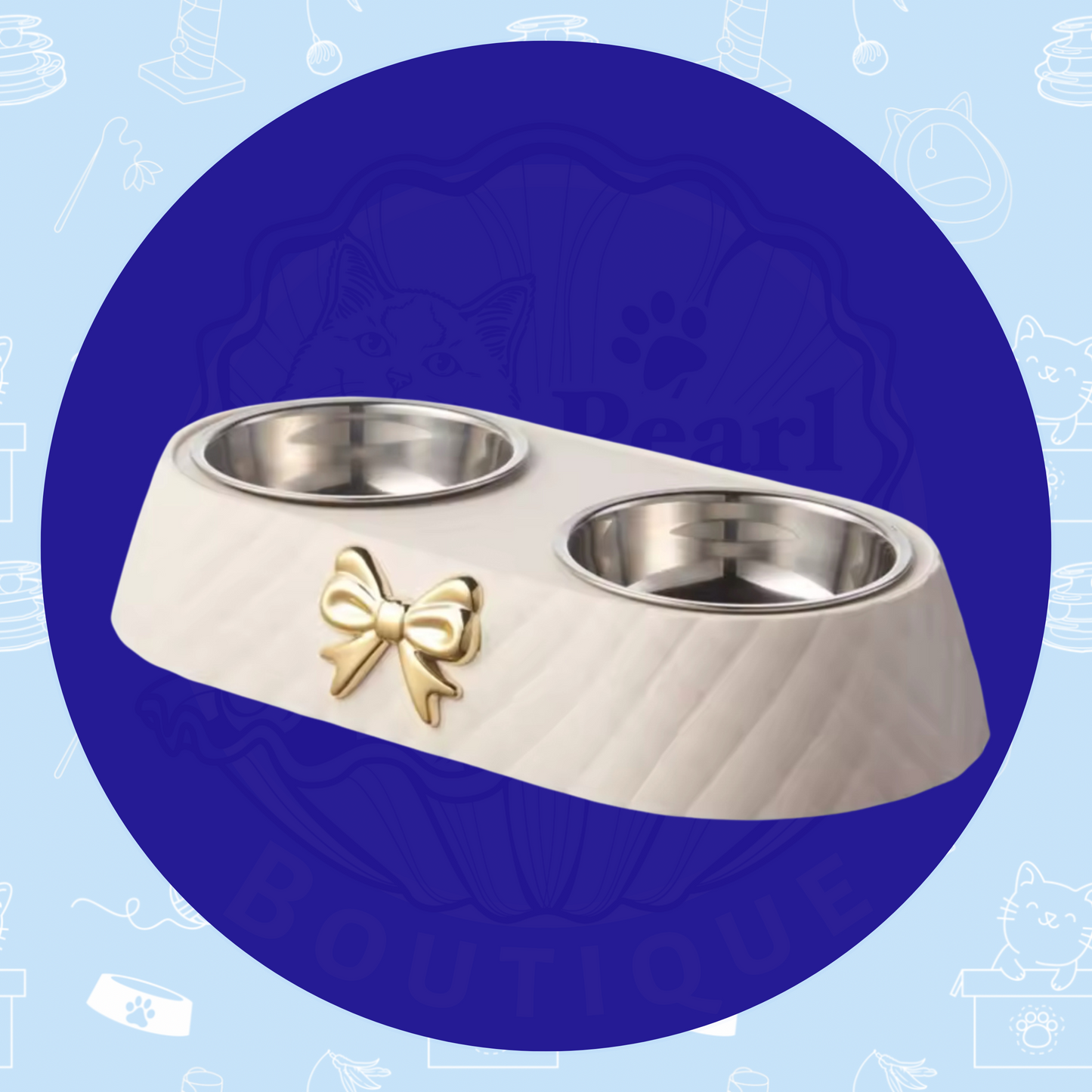 Cat Bowl Stainless Steel - Double Bowl with Bow Design