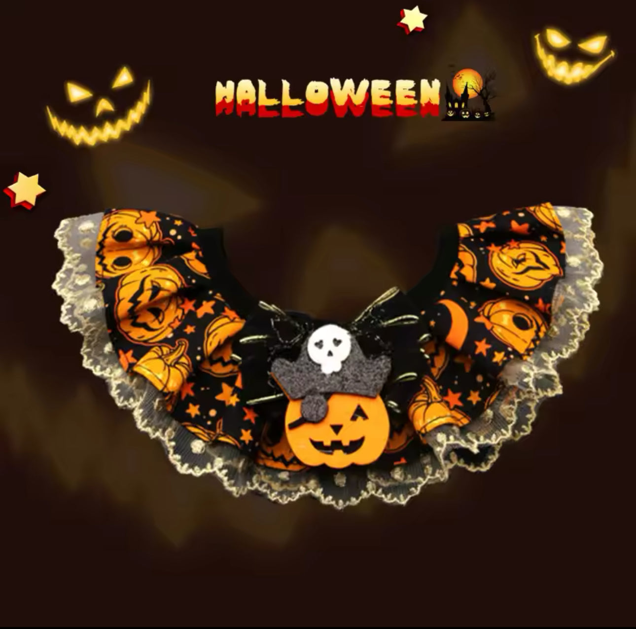 Halloween Cat Lace Collar with Adjustable Bib