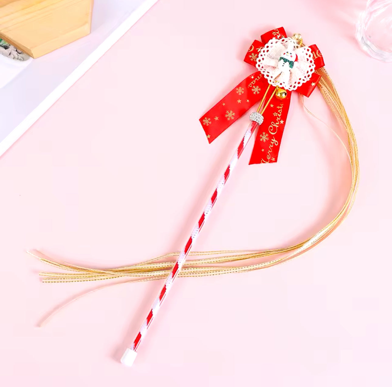 Christmas Bow Cat Teaser Festive Tassels Wand