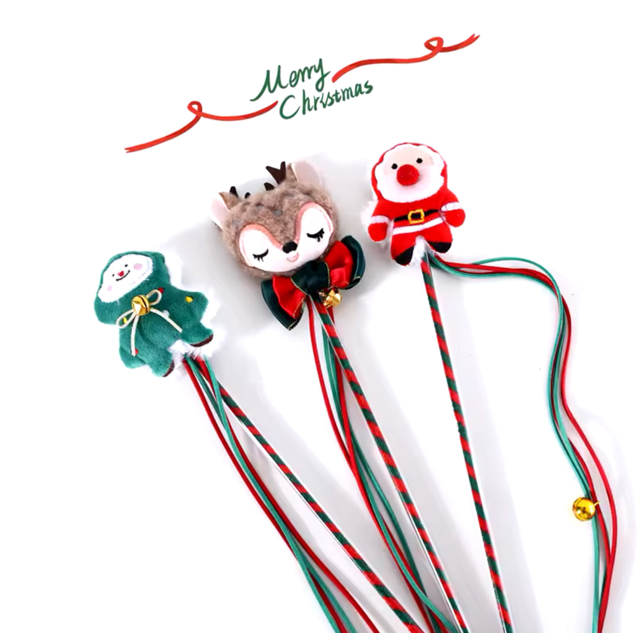 Christmas Festive Plush Cat Wand Tassel Teaser With Bell Sound