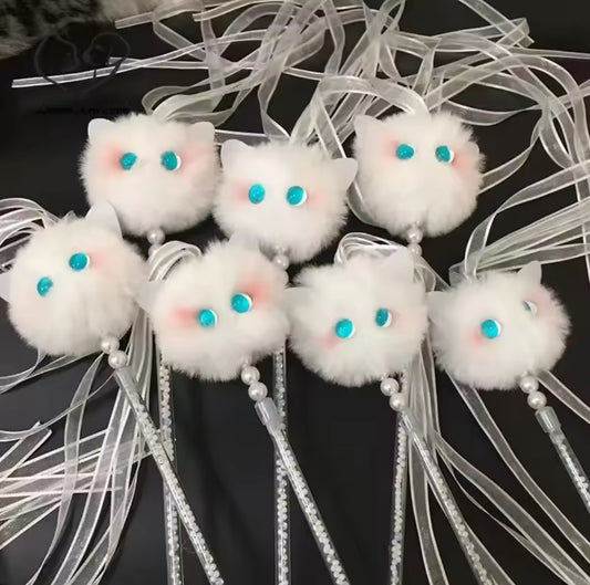 Cute Fluffy Monster Cat Wand Teaser Toy With Tassel