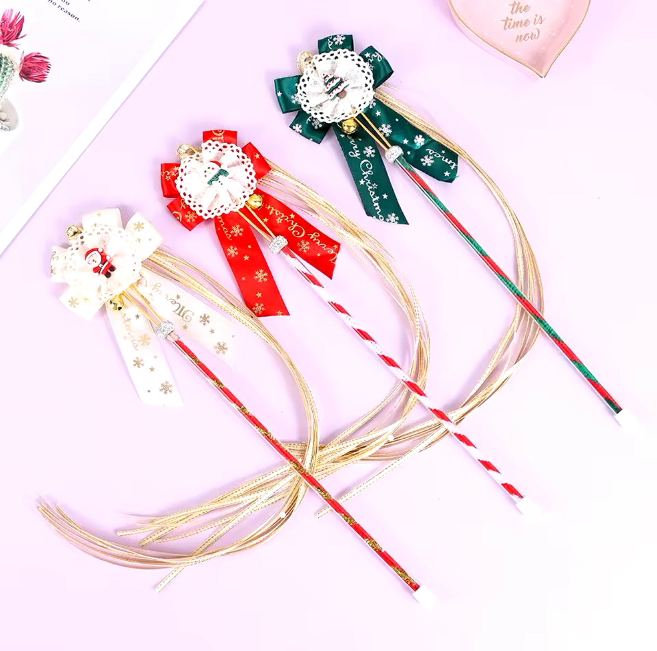 Christmas Bow Cat Teaser Festive Tassels Wand