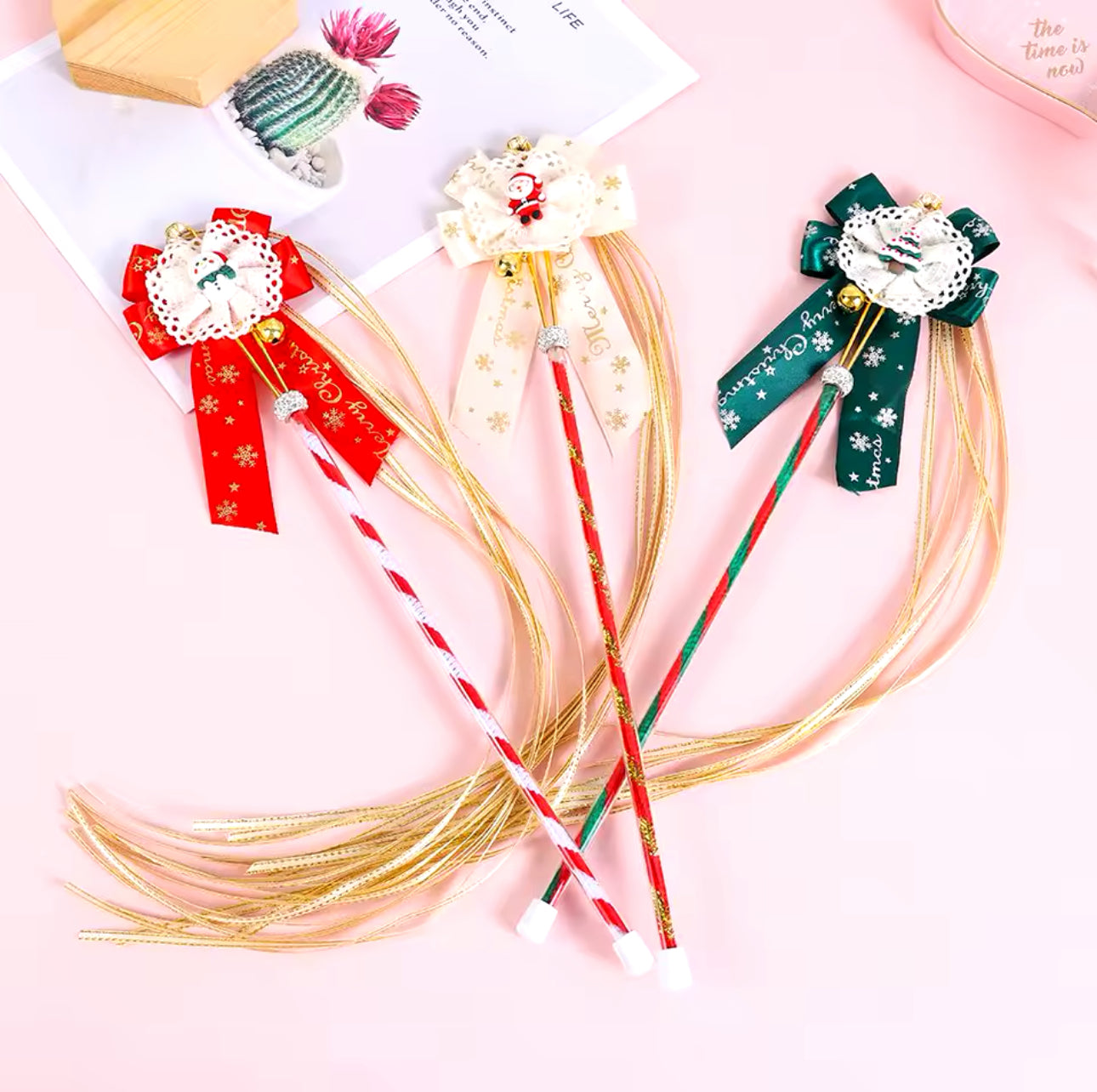 Christmas Bow Cat Teaser Festive Tassels Wand