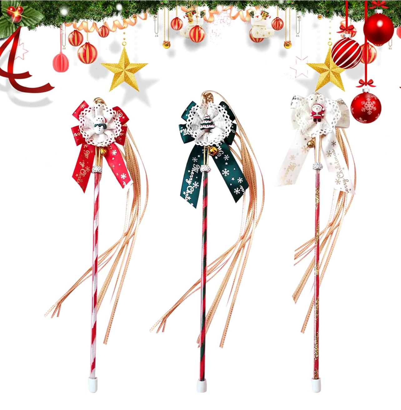 Christmas Bow Cat Teaser Festive Tassels Wand